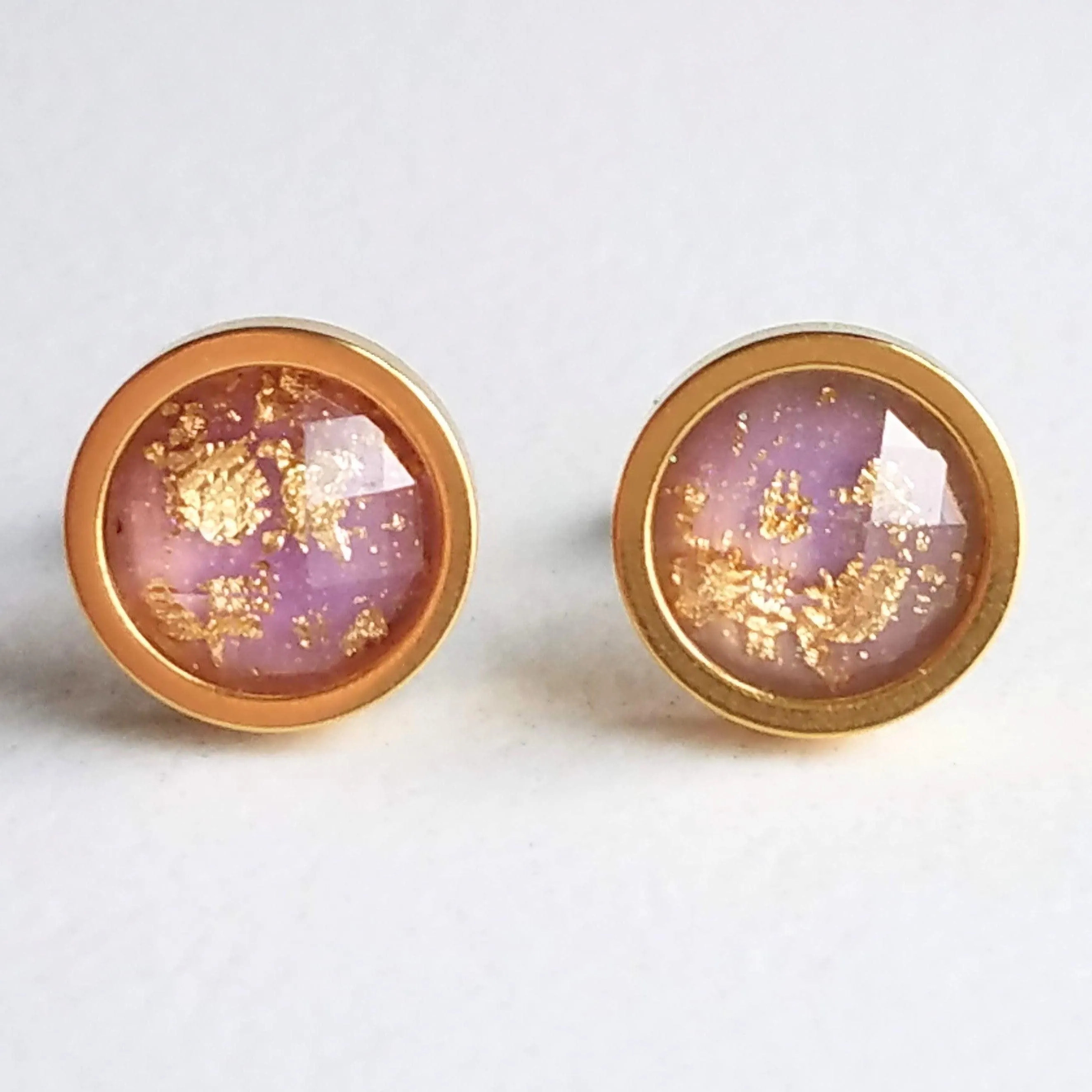 Small Round Purple Earrings, gold stainless steel stud, light purple stud, gold foil studs, little gold leaf studs, pale light purple, lilac