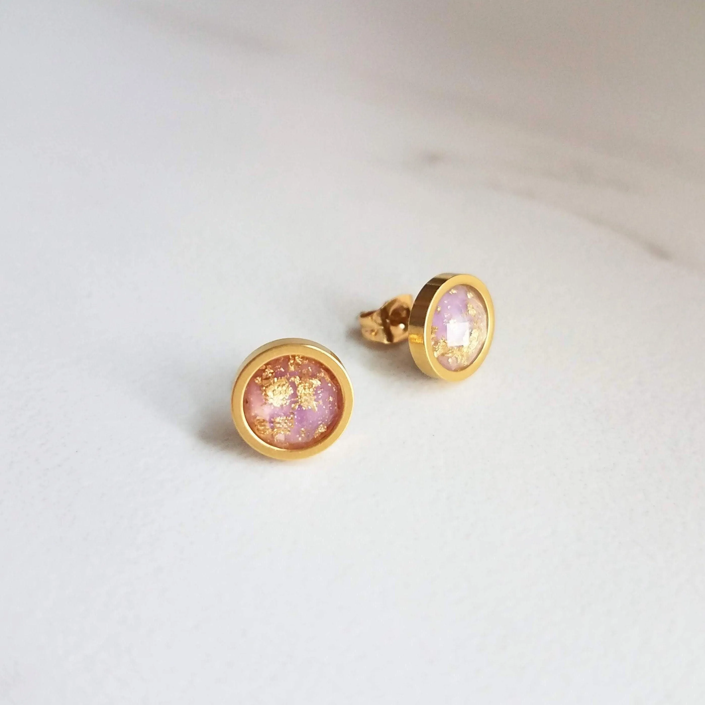 Small Round Purple Earrings, gold stainless steel stud, light purple stud, gold foil studs, little gold leaf studs, pale light purple, lilac