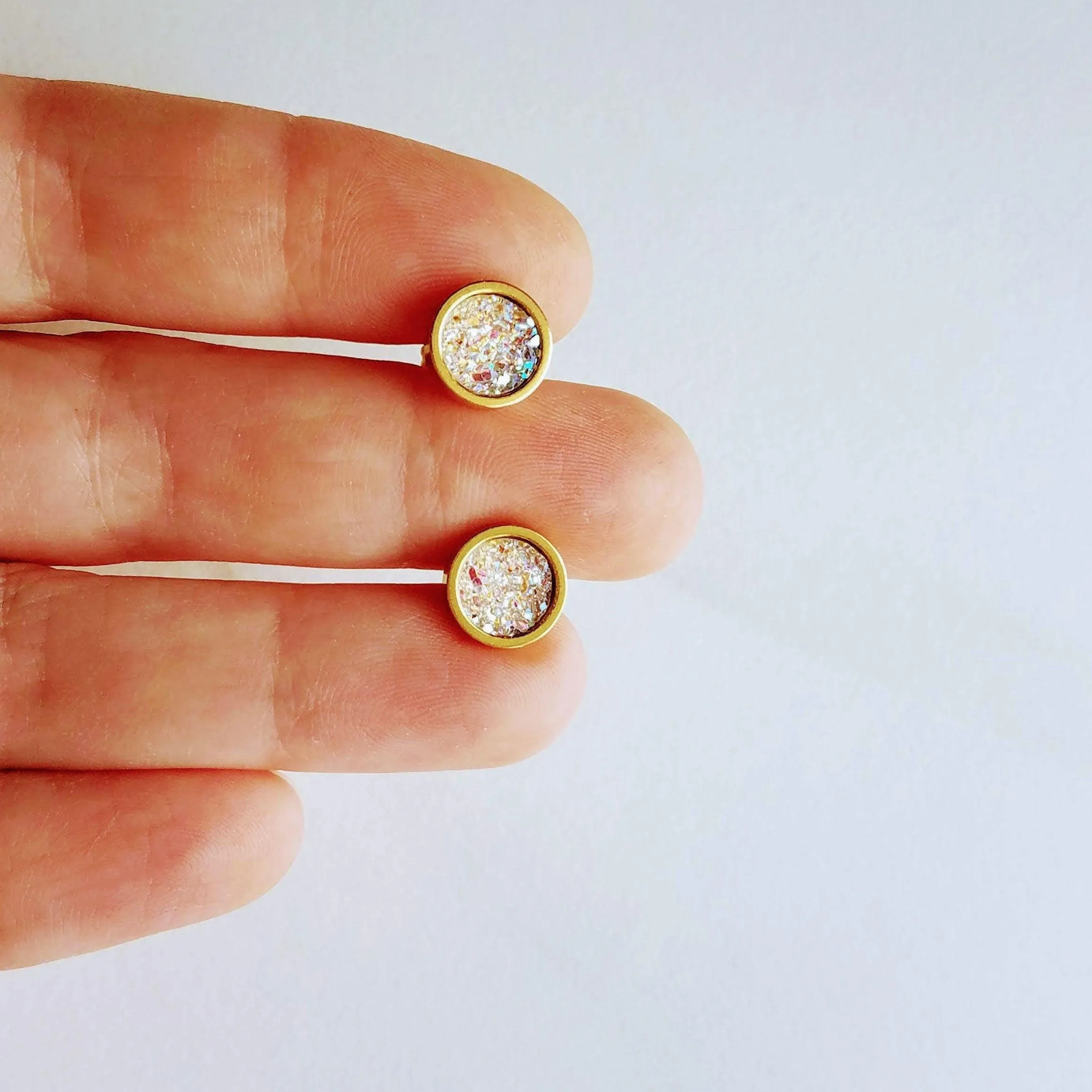 Small Round Purple Earrings, gold stainless steel stud, light purple stud, gold foil studs, little gold leaf studs, pale light purple, lilac