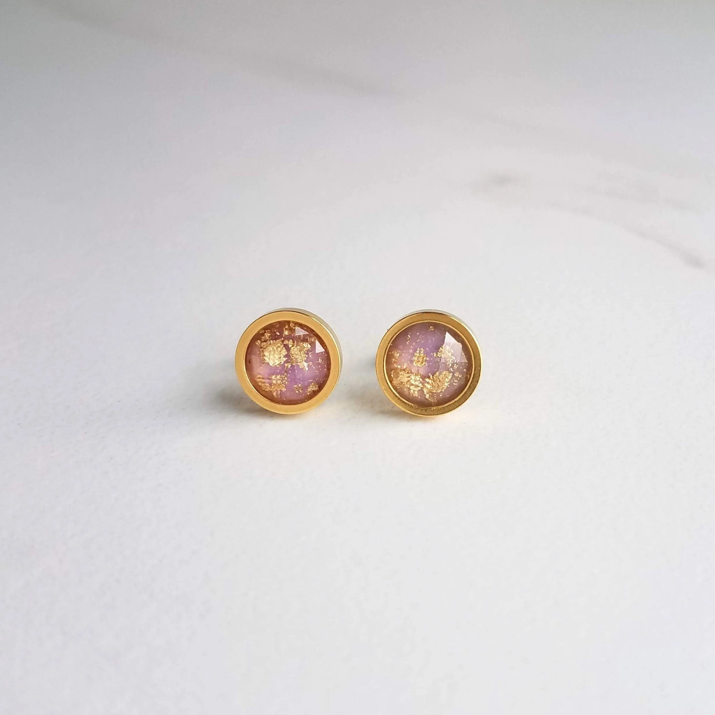 Small Round Purple Earrings, gold stainless steel stud, light purple stud, gold foil studs, little gold leaf studs, pale light purple, lilac