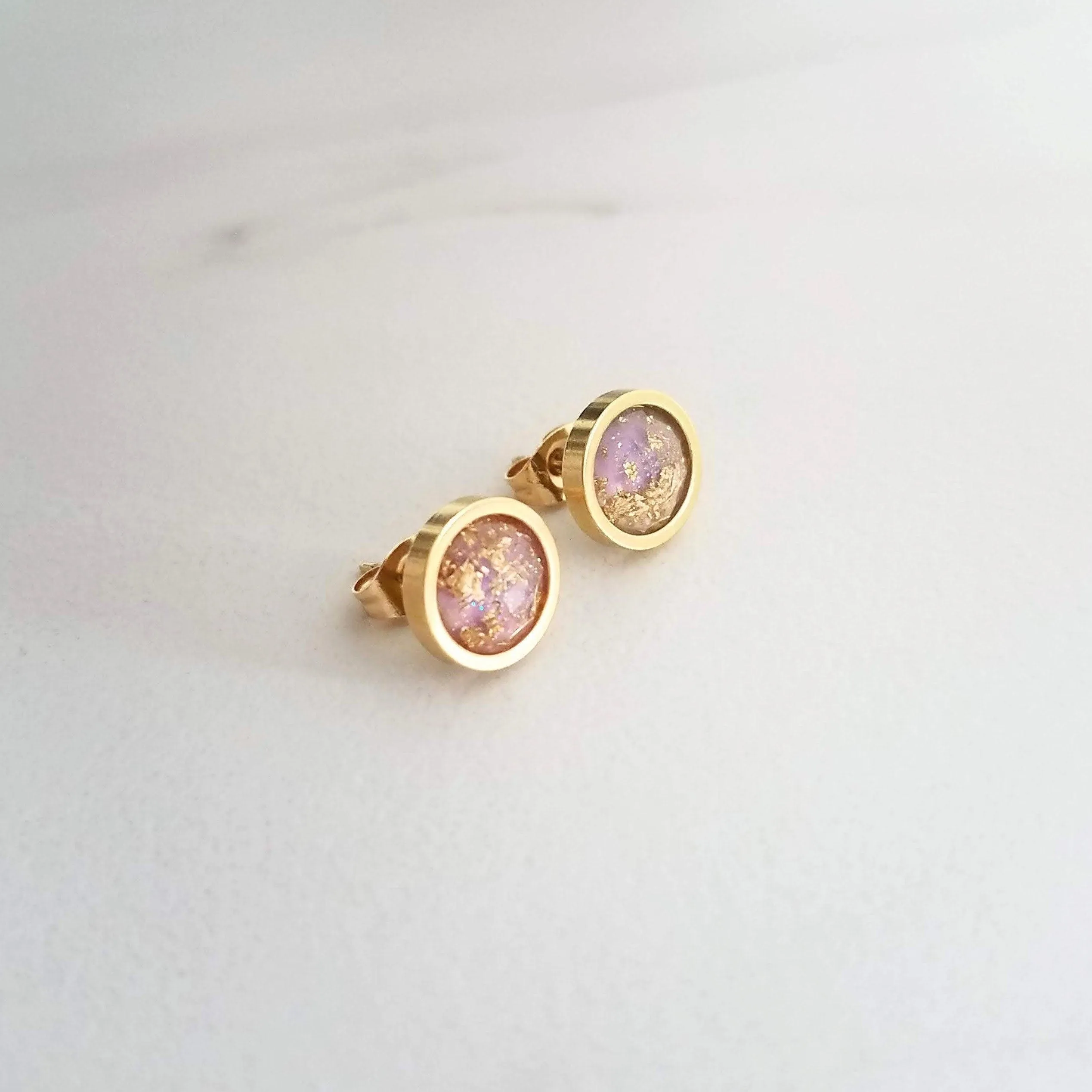 Small Round Purple Earrings, gold stainless steel stud, light purple stud, gold foil studs, little gold leaf studs, pale light purple, lilac