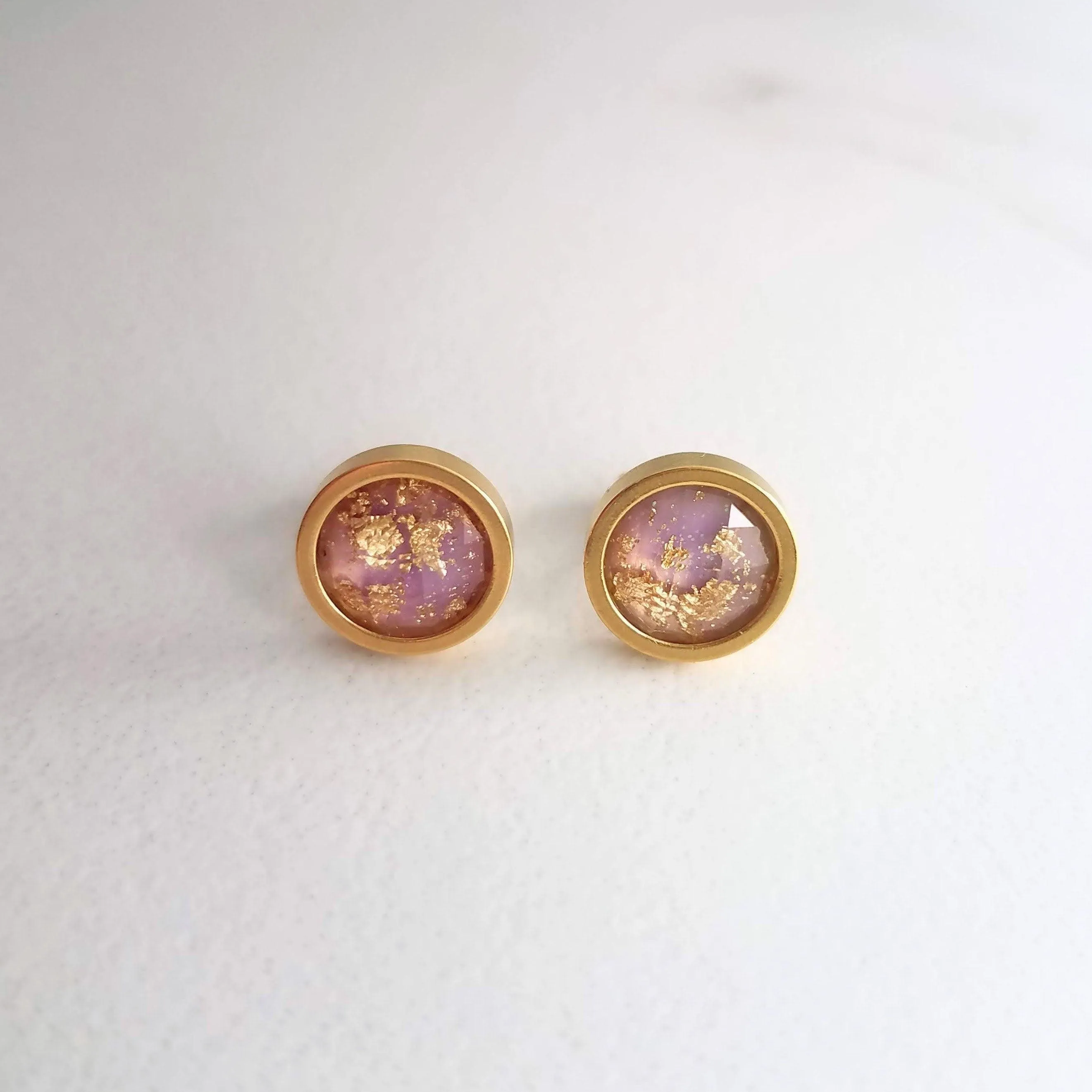 Small Round Purple Earrings, gold stainless steel stud, light purple stud, gold foil studs, little gold leaf studs, pale light purple, lilac