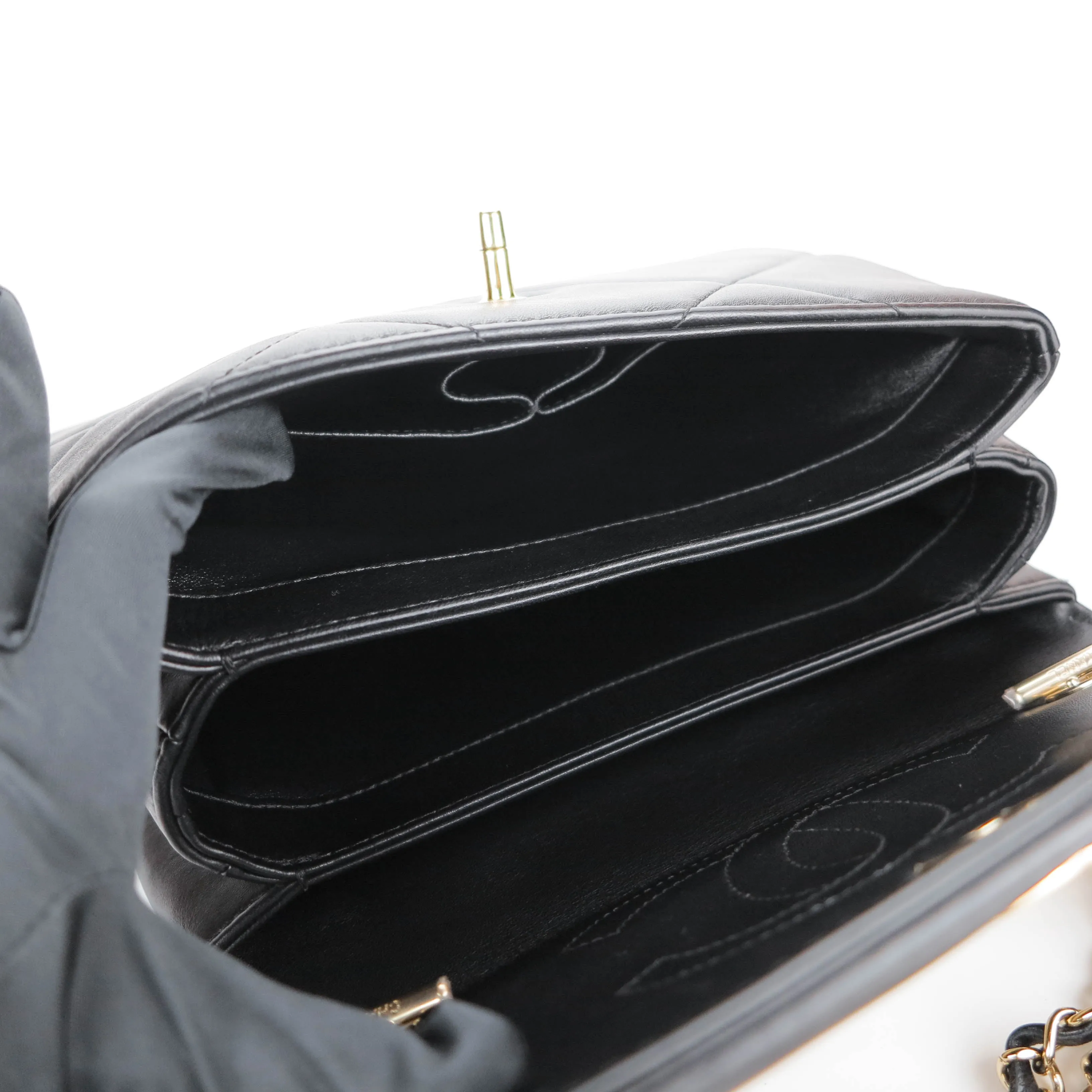 Small Trendy CC Flap Bag with Top Handle in Black Lambskin