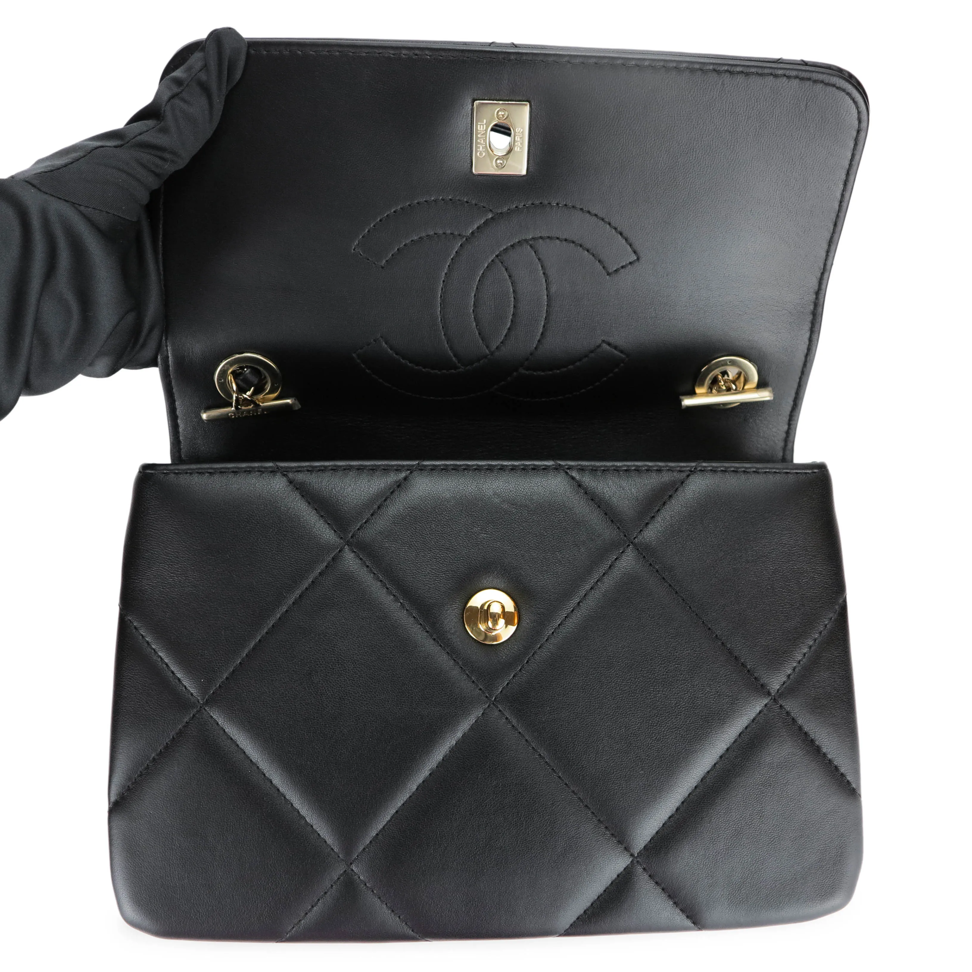 Small Trendy CC Flap Bag with Top Handle in Black Lambskin