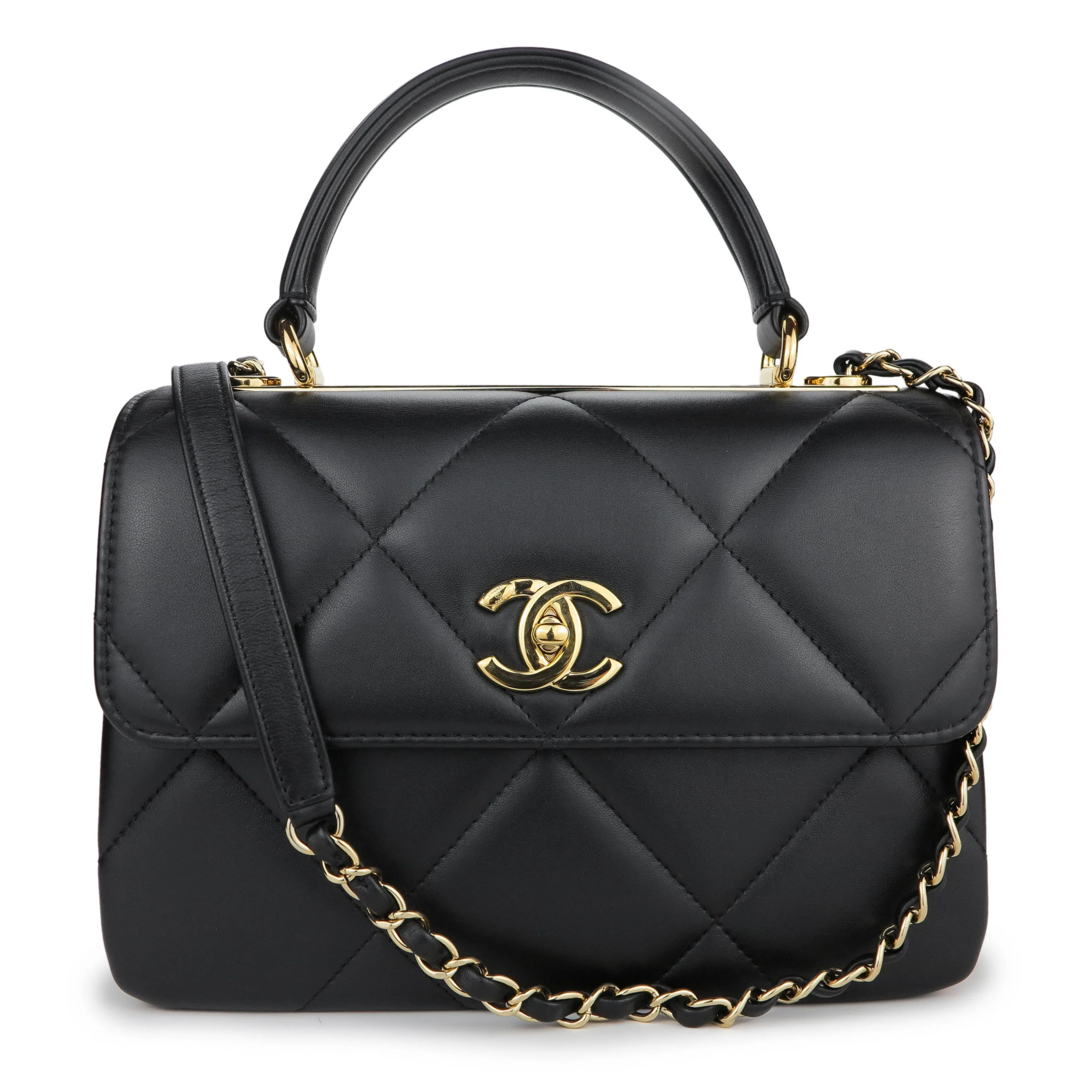 Small Trendy CC Flap Bag with Top Handle in Black Lambskin