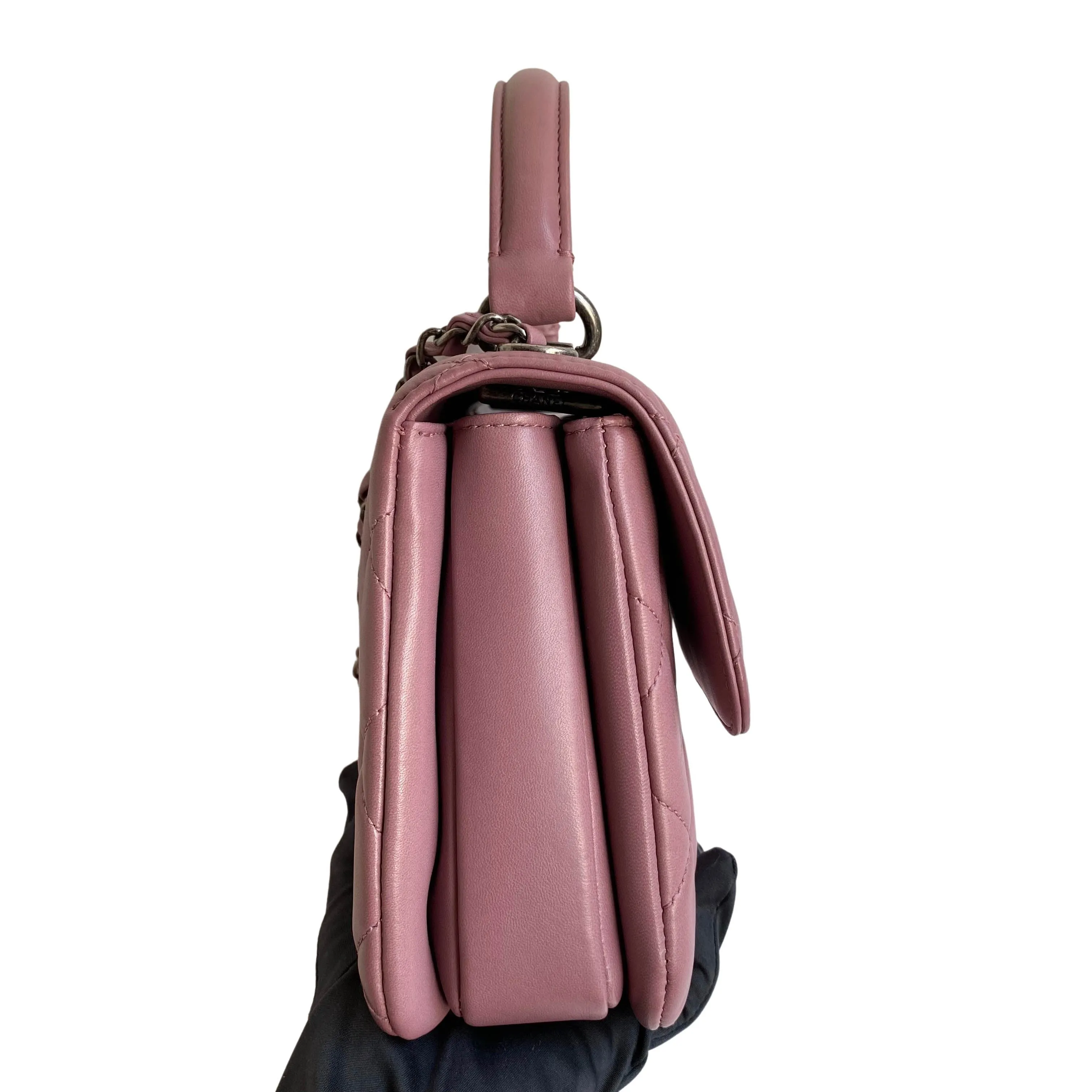 Small Trendy CC Flap Bag with Top Handle in Mauve Pink Lambskin