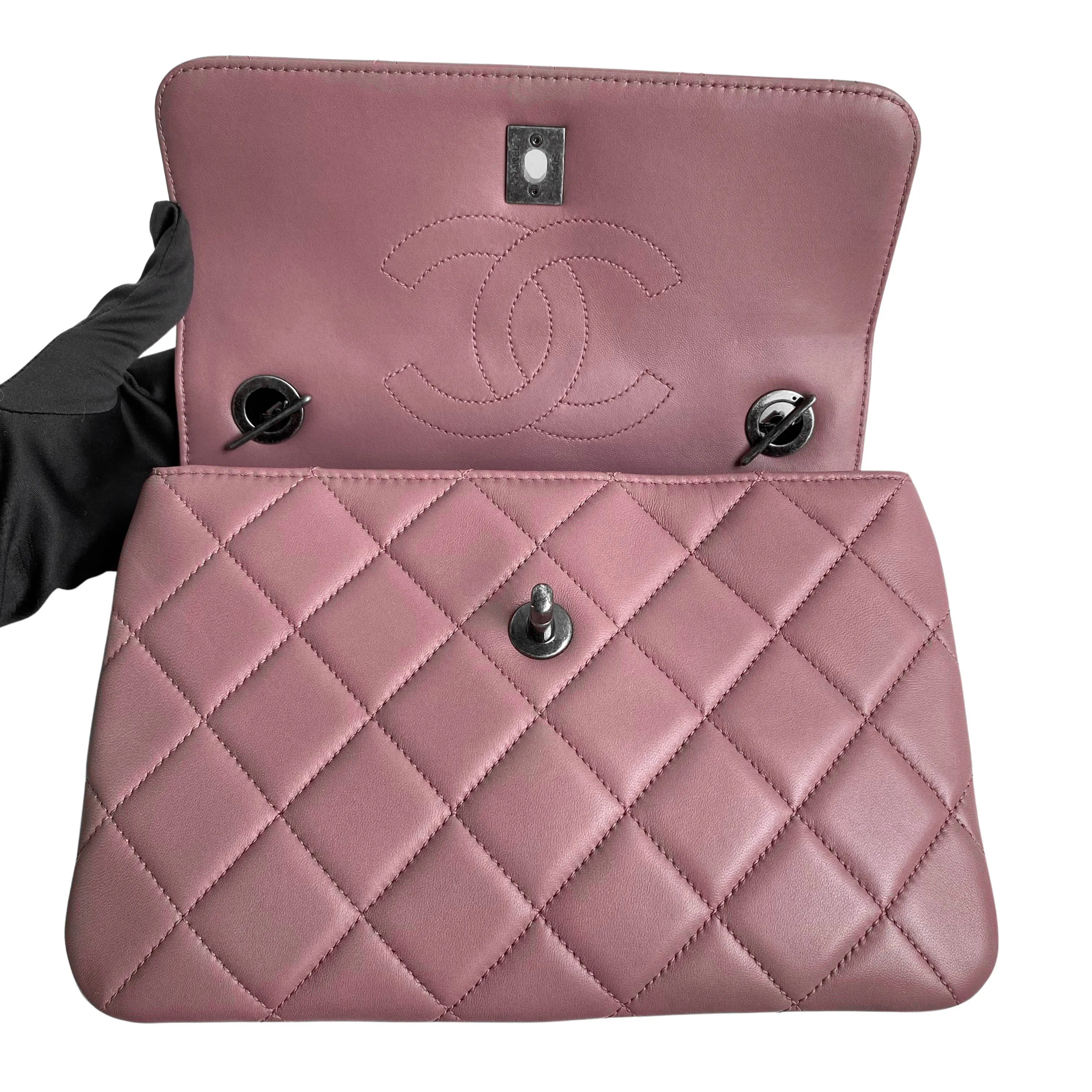 Small Trendy CC Flap Bag with Top Handle in Mauve Pink Lambskin