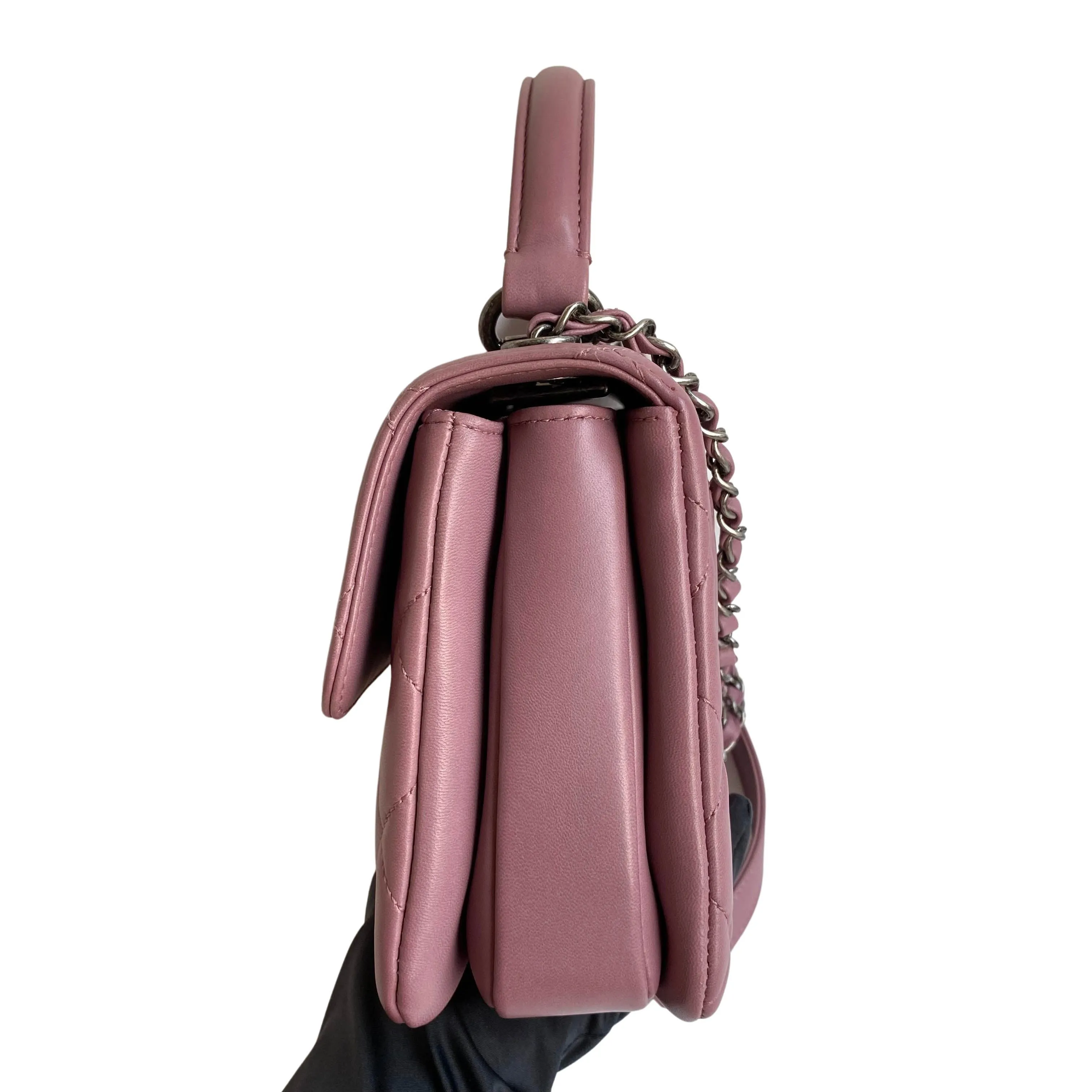 Small Trendy CC Flap Bag with Top Handle in Mauve Pink Lambskin