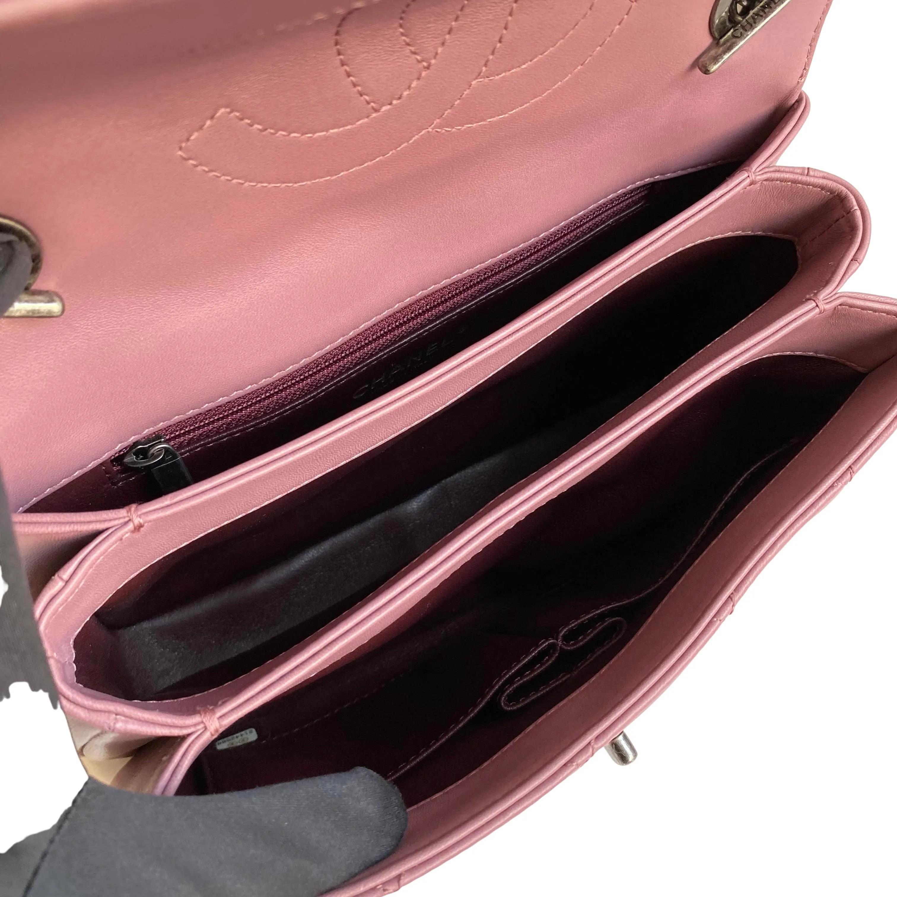 Small Trendy CC Flap Bag with Top Handle in Mauve Pink Lambskin