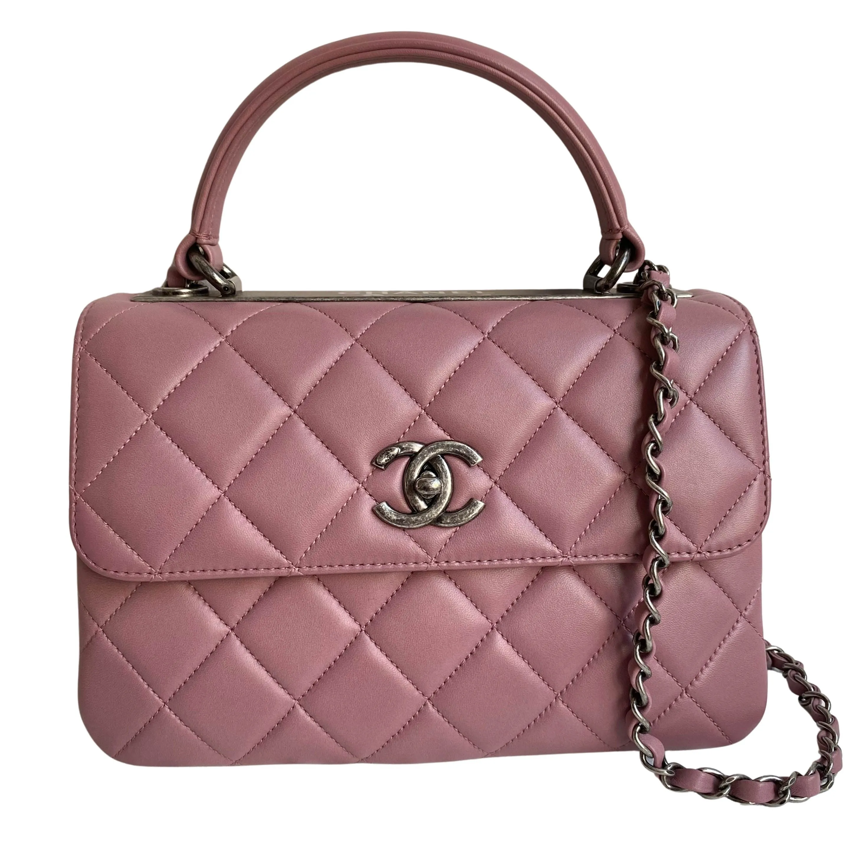 Small Trendy CC Flap Bag with Top Handle in Mauve Pink Lambskin