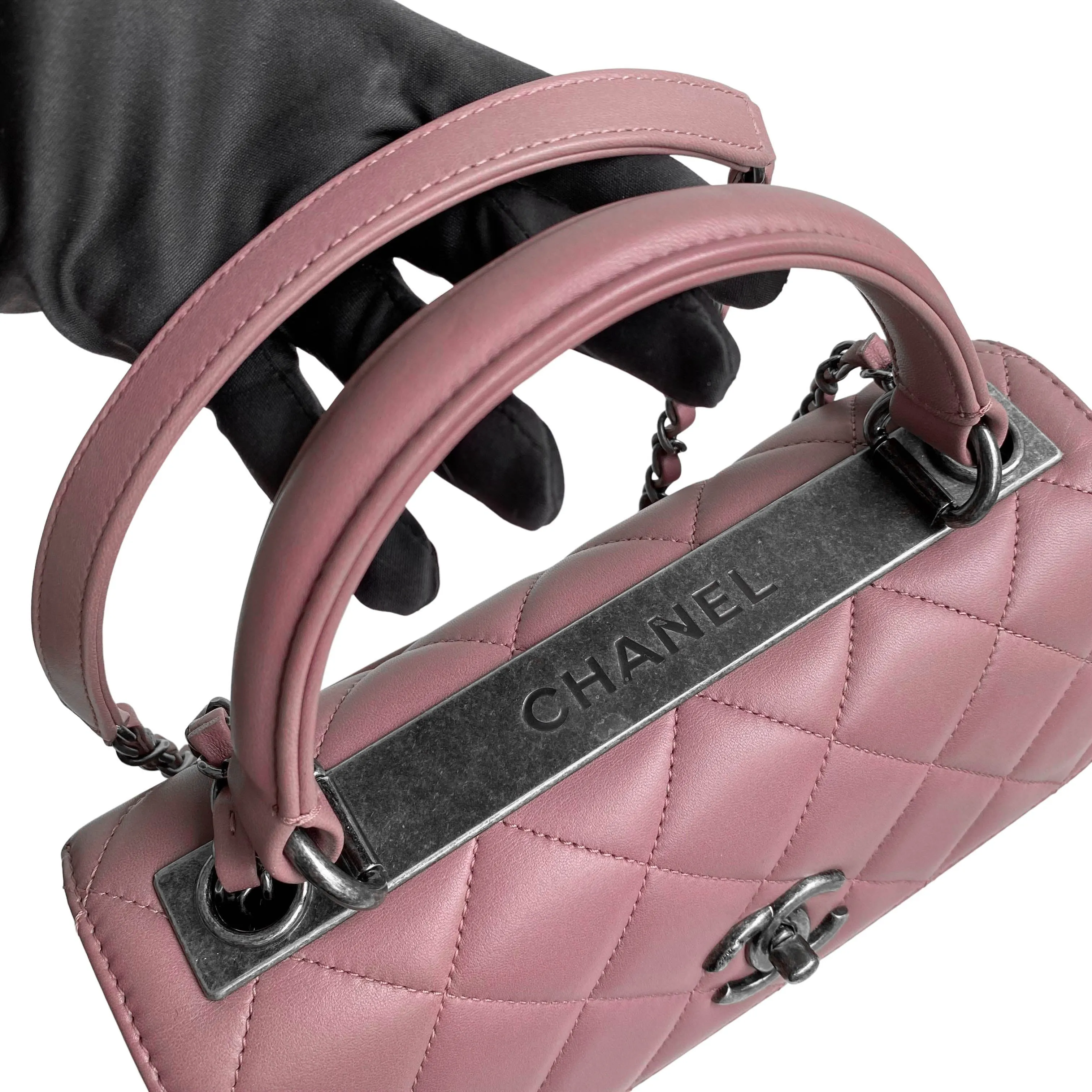 Small Trendy CC Flap Bag with Top Handle in Mauve Pink Lambskin