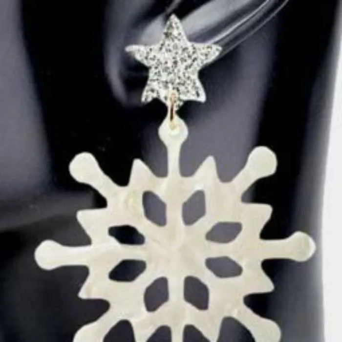 Snowflake White Glittered Star Resin Dangle Earrings