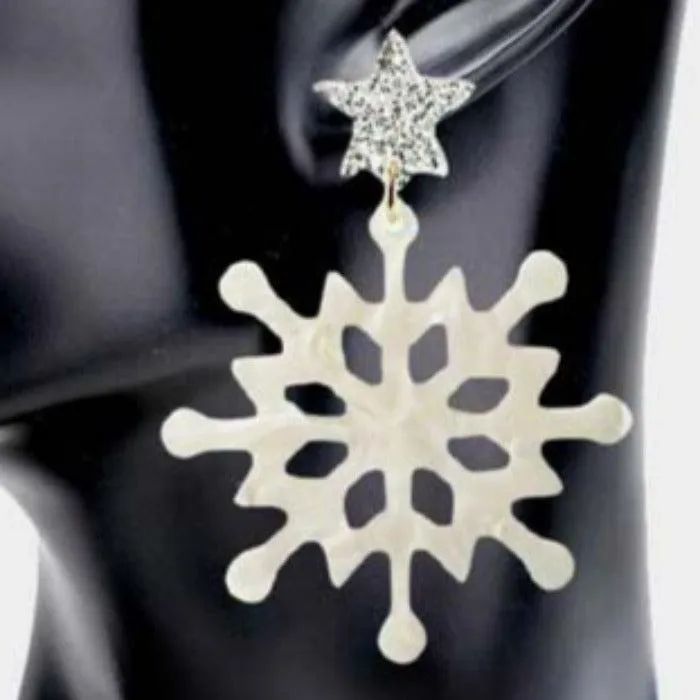 Snowflake White Glittered Star Resin Dangle Earrings