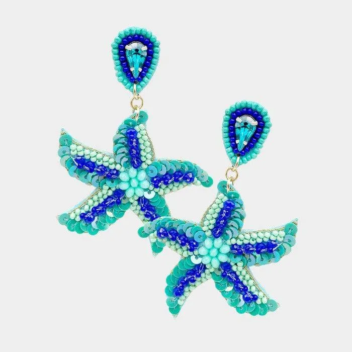 Starfish Teal Blue Seed Bead Earrings
