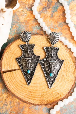 Steer Arrow Head Silvertone Earrings