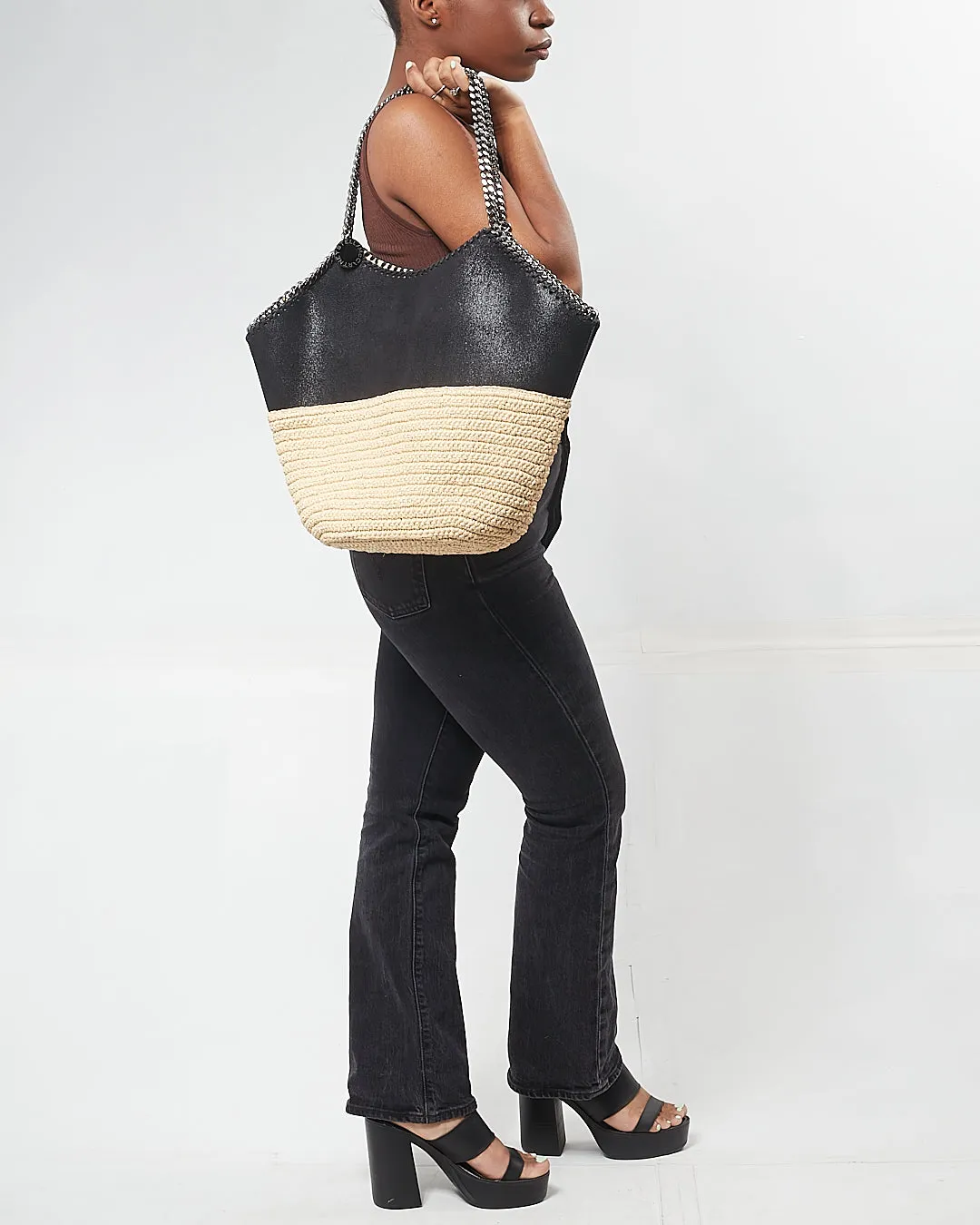 Stella McCartney Black/Beige Vegan Leather & Straw Tote Bag