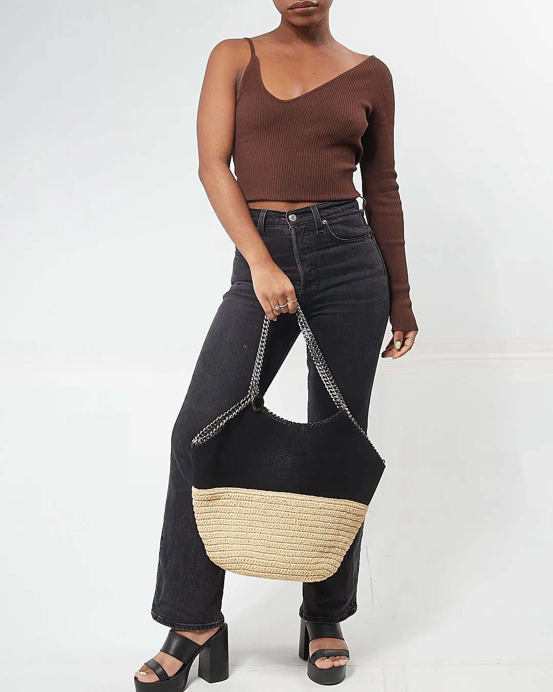 Stella McCartney Black/Beige Vegan Leather & Straw Tote Bag