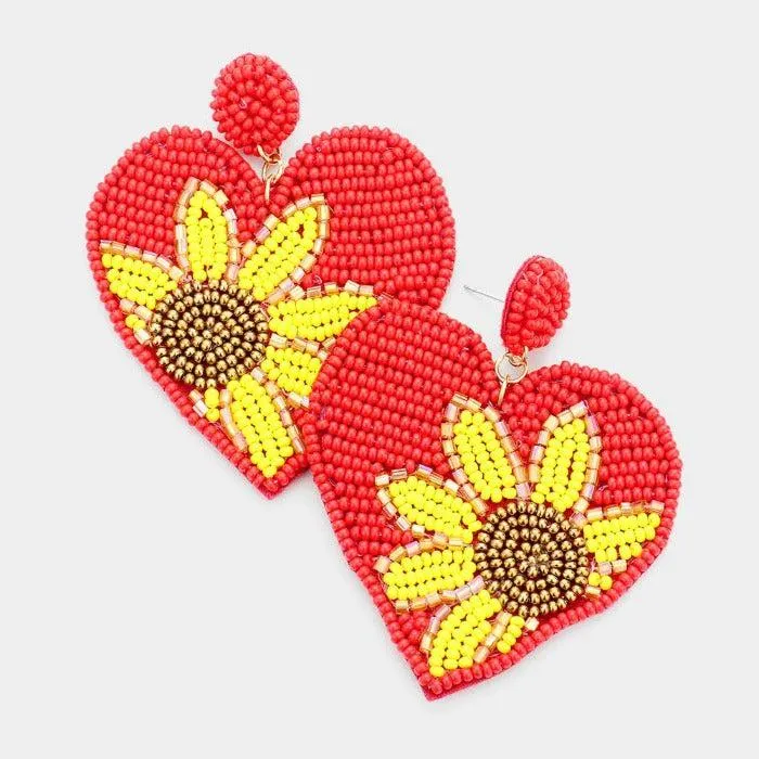 Sunflower Heart Seed Bead Earrings