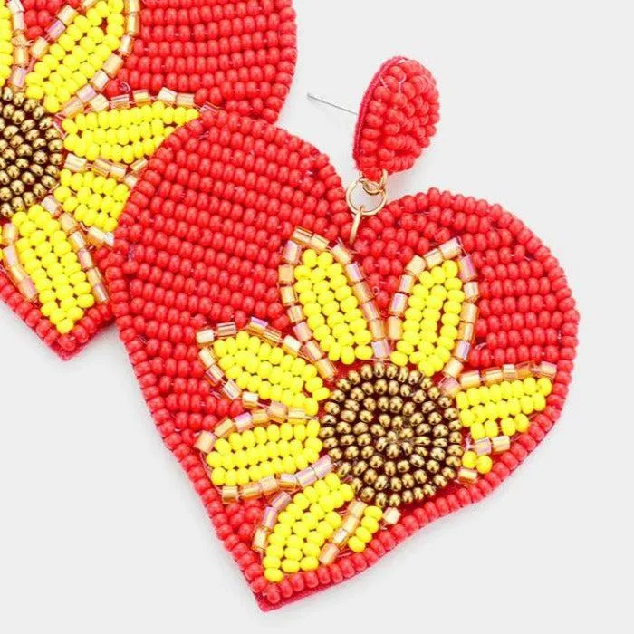 Sunflower Heart Seed Bead Earrings