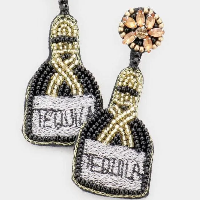 TEQUILA Bottle Black Seed Bead Earrings