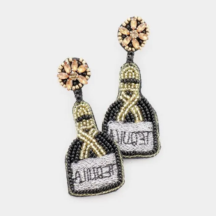 TEQUILA Bottle Black Seed Bead Earrings