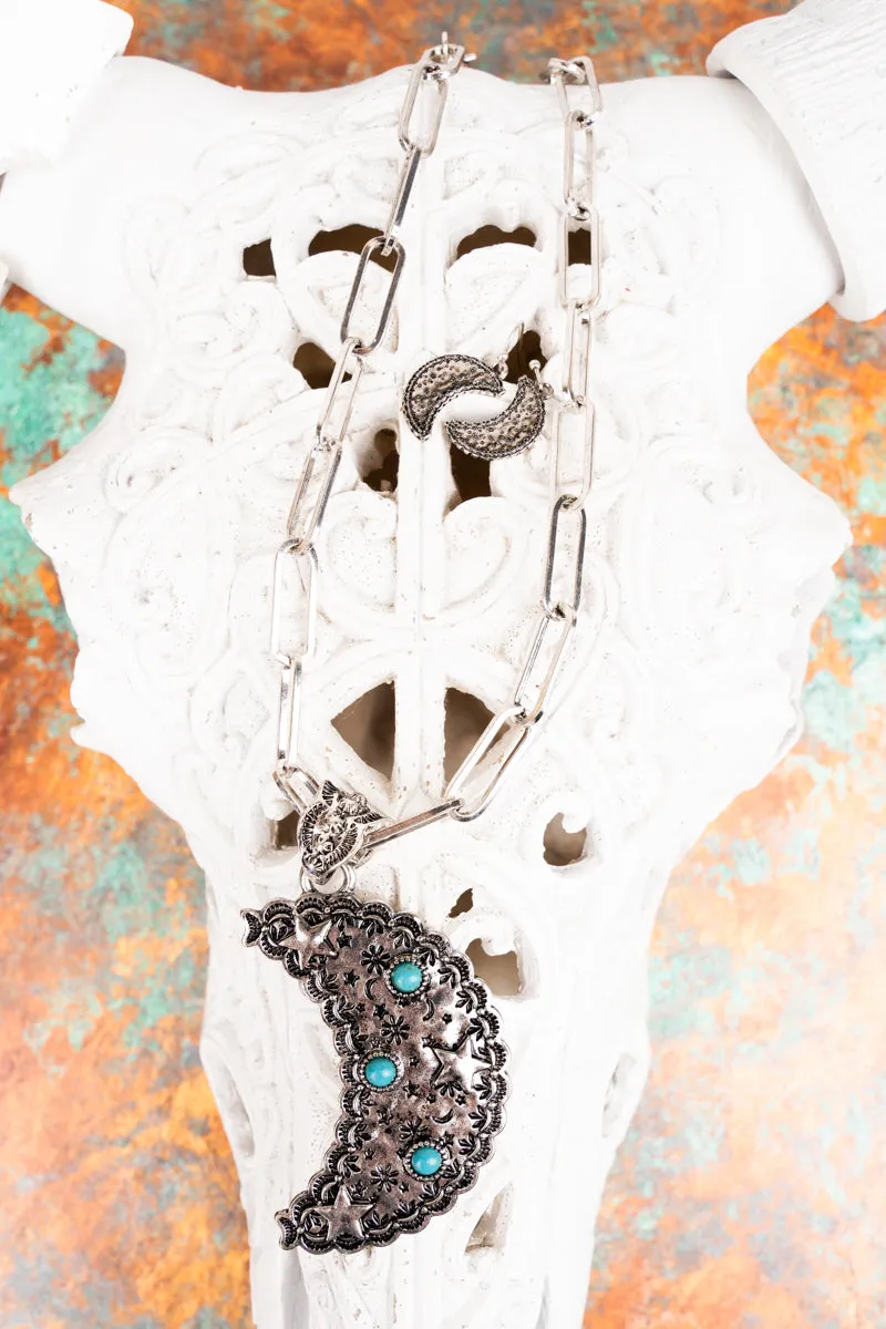 Under The Cresent Moon Silvertone Necklace and Earring Set