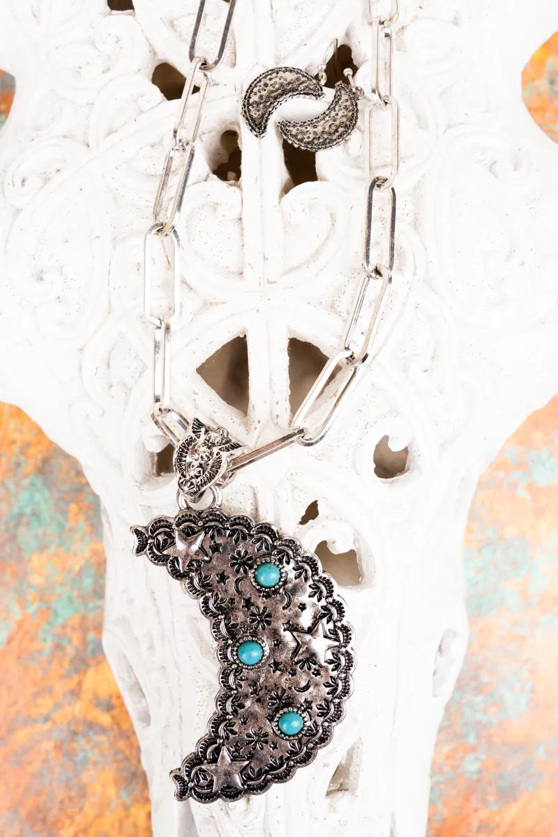 Under The Cresent Moon Silvertone Necklace and Earring Set