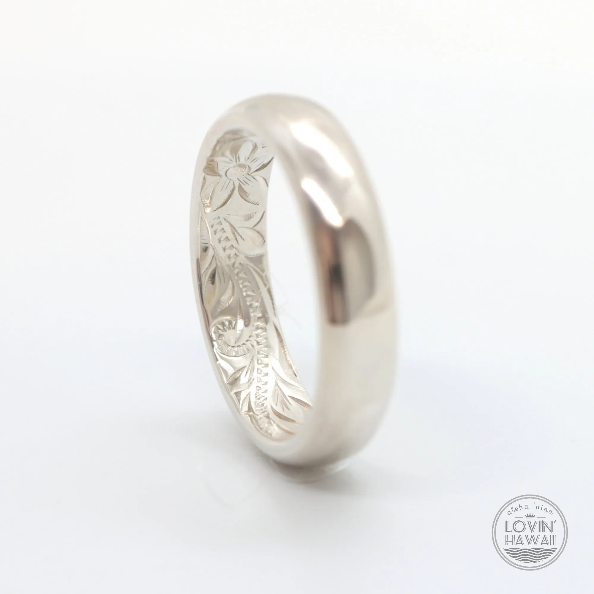 Unique Silver Hawaii Wedding Ring, Hand Engraved Design (6mm or 4mm width)