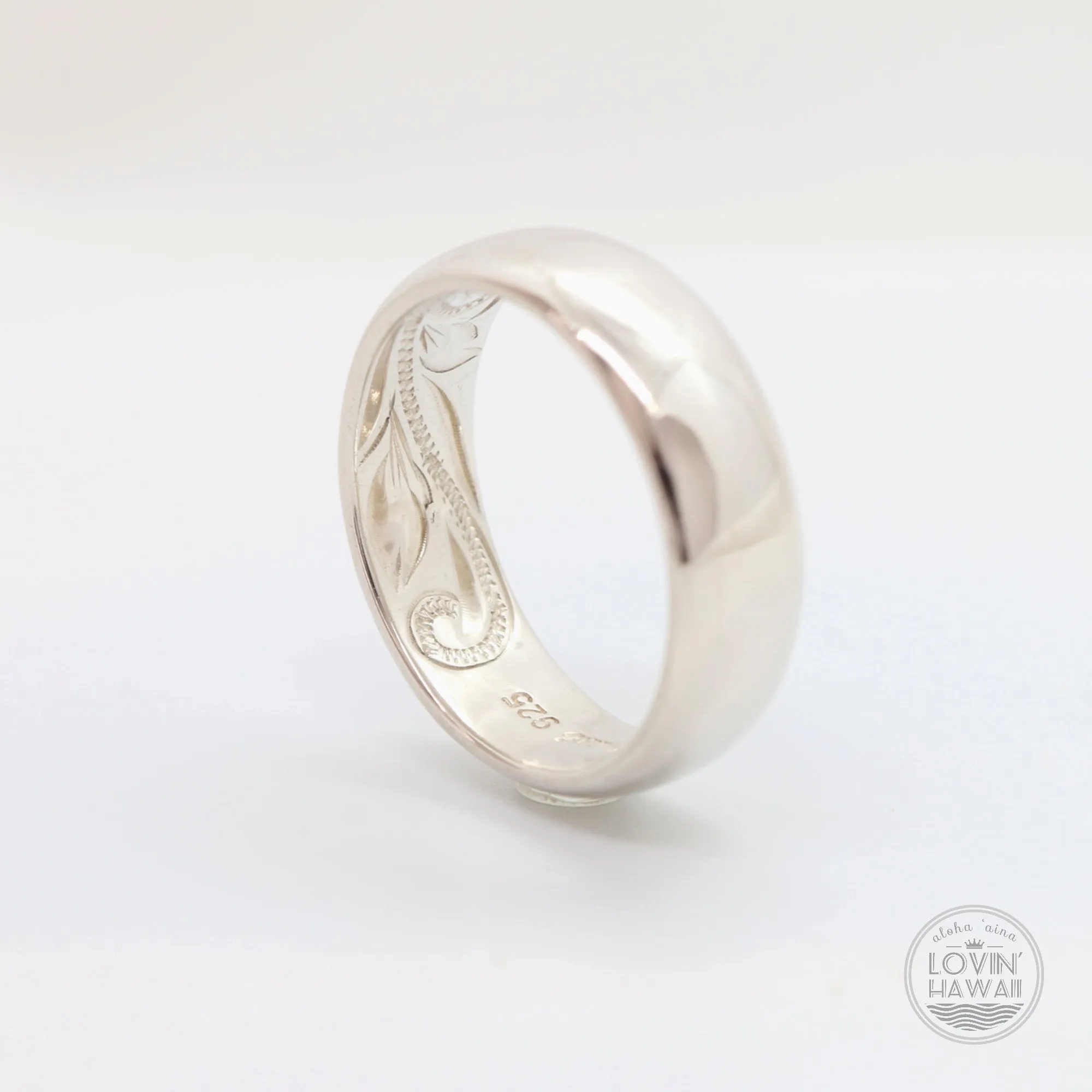 Unique Silver Hawaii Wedding Ring, Hand Engraved Design (6mm or 4mm width)
