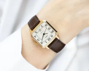 Unused classic women's watch Dawn, gold plated lady watch vintage, square women wristwatch tomboy with date window, new luxury leather band