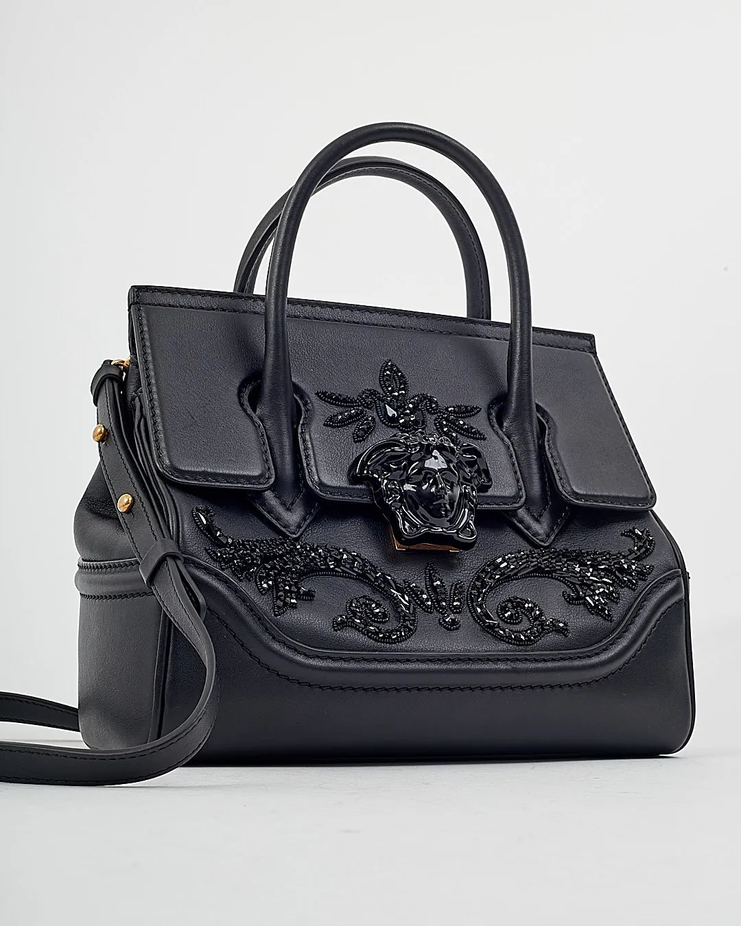 Versace Black Palazzo Empire Swarovski Detail Top Handle Bag