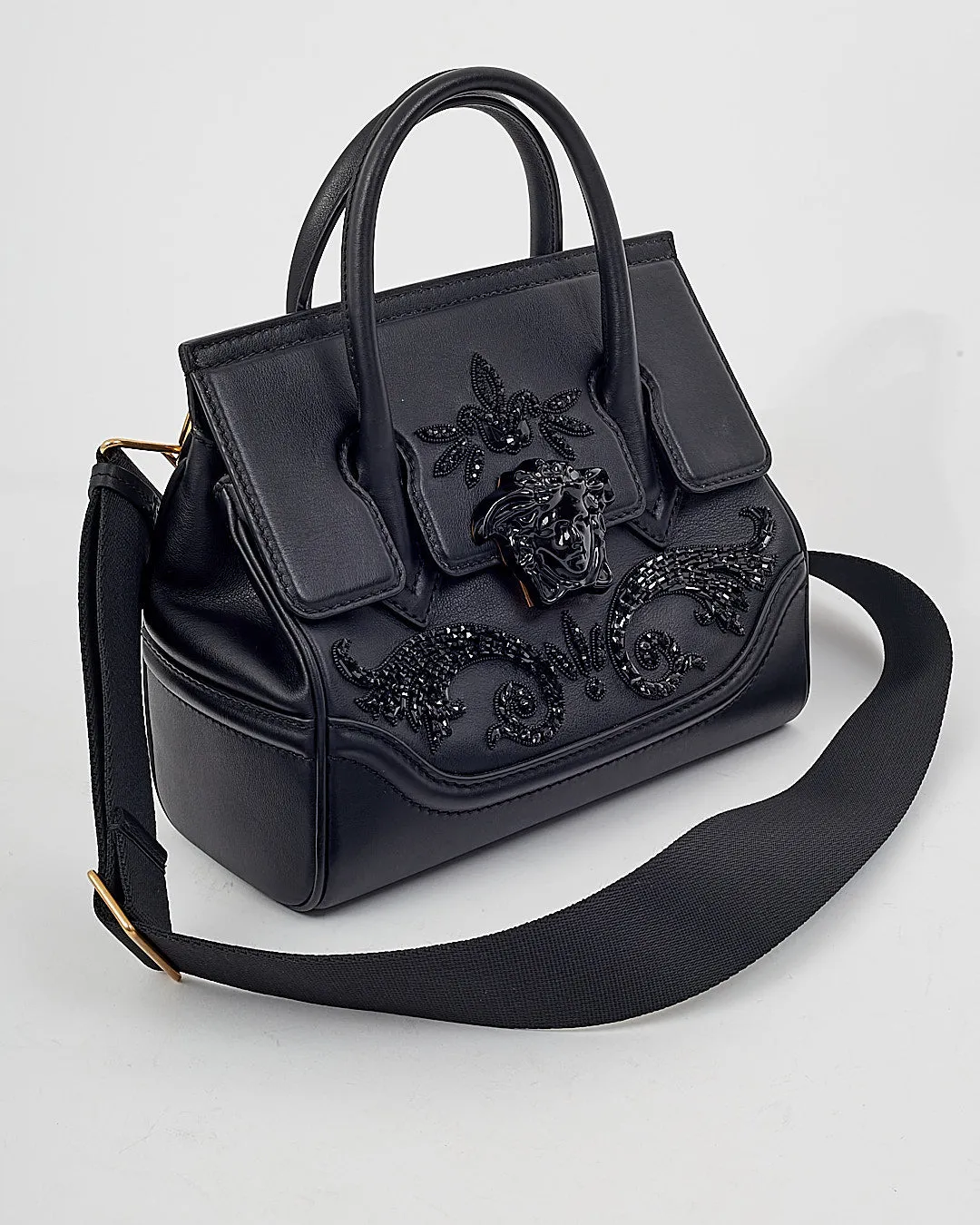 Versace Black Palazzo Empire Swarovski Detail Top Handle Bag