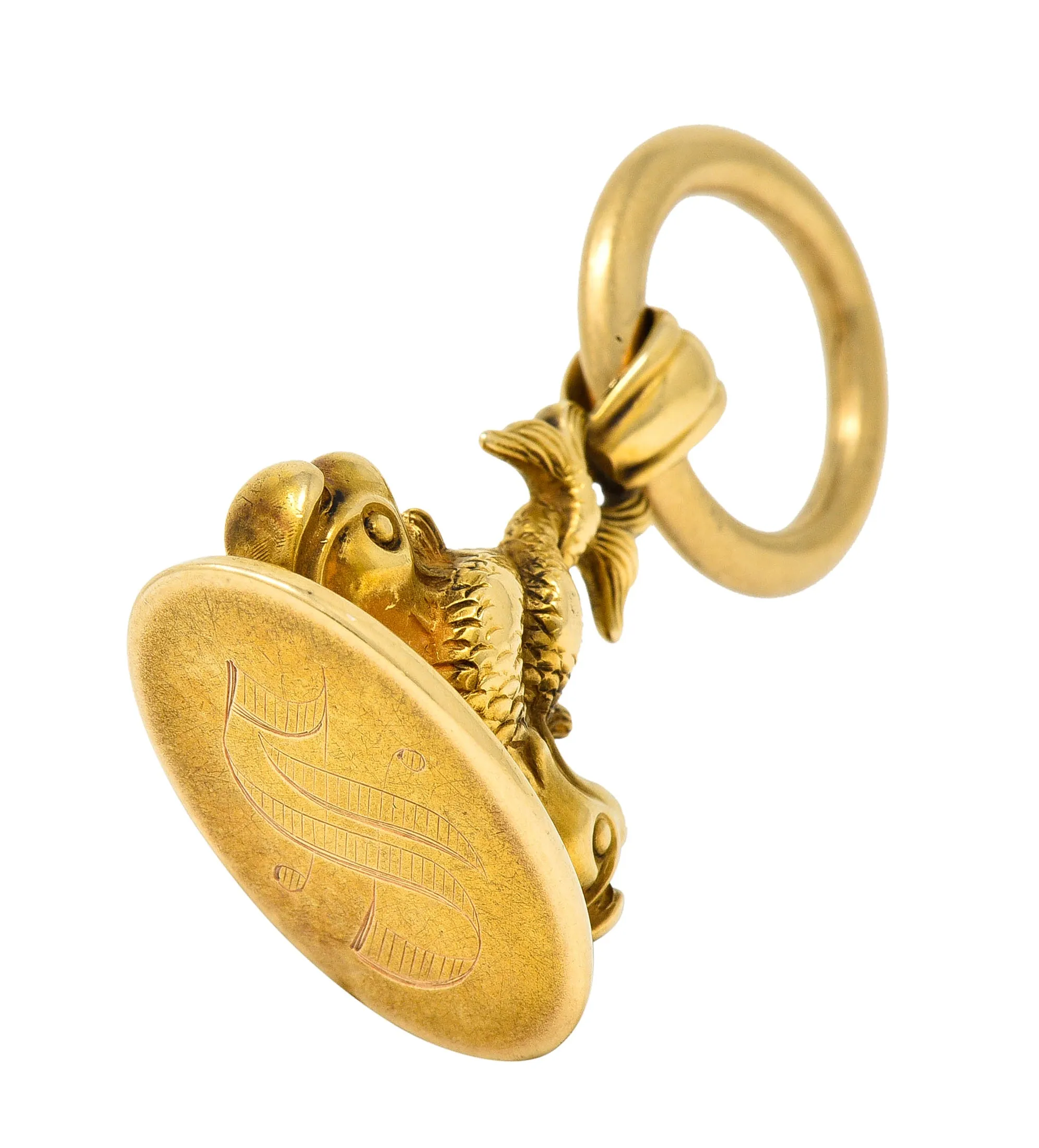 Victorian 14 Karat Yellow Gold Entwined Fish Antique Pisces Zodiac 'S' Fob Pendant