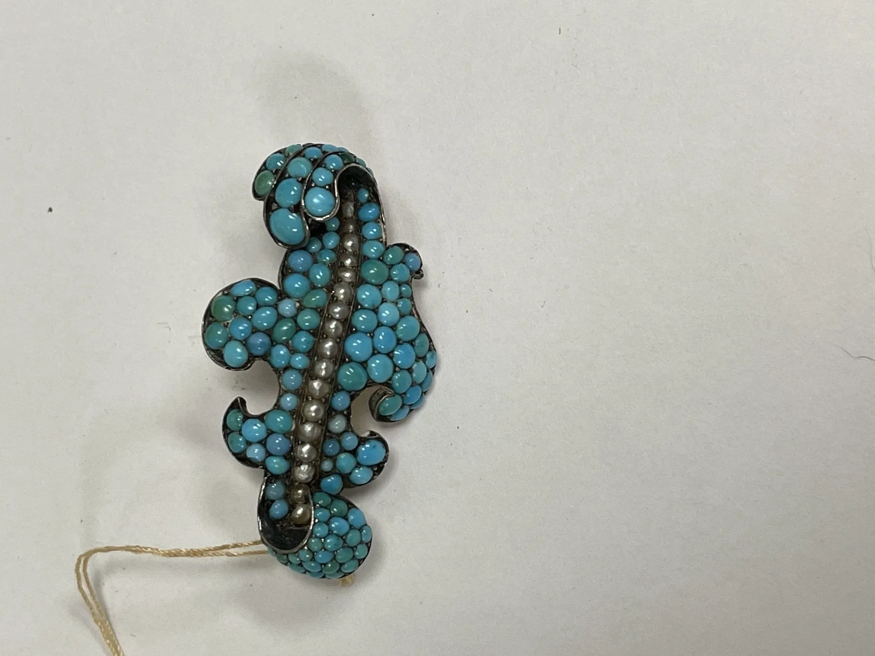 Victorian Leaf-Form Brooch with Turquoise & Pearls