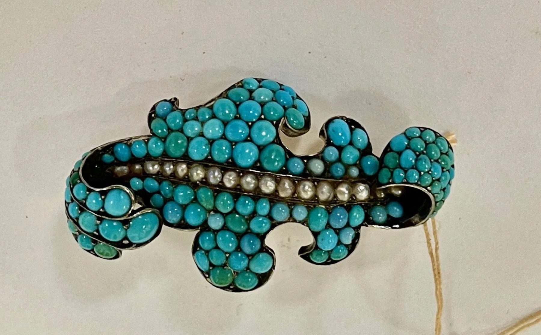Victorian Leaf-Form Brooch with Turquoise & Pearls