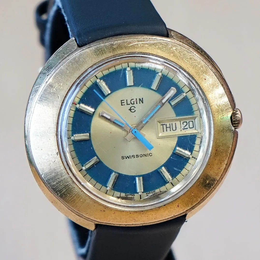 Vintage ELGIN SWISSSONIC Watch Day/Date Blue & Gold-Tone Dial - RARE!  Fancy Oval Case