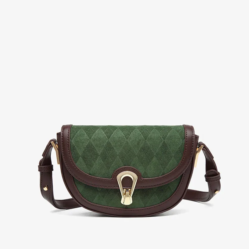 Vintage Suede Argyle Pattern Crossbody Saddle Bag - Green