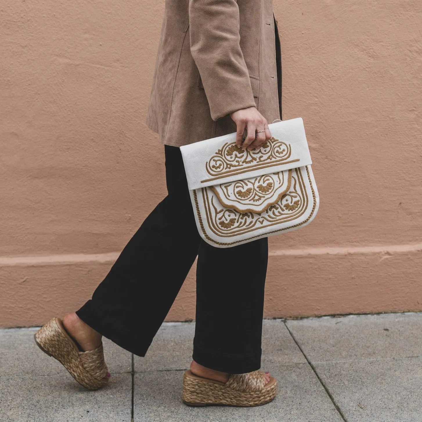 White Embroidered Leather Bag
