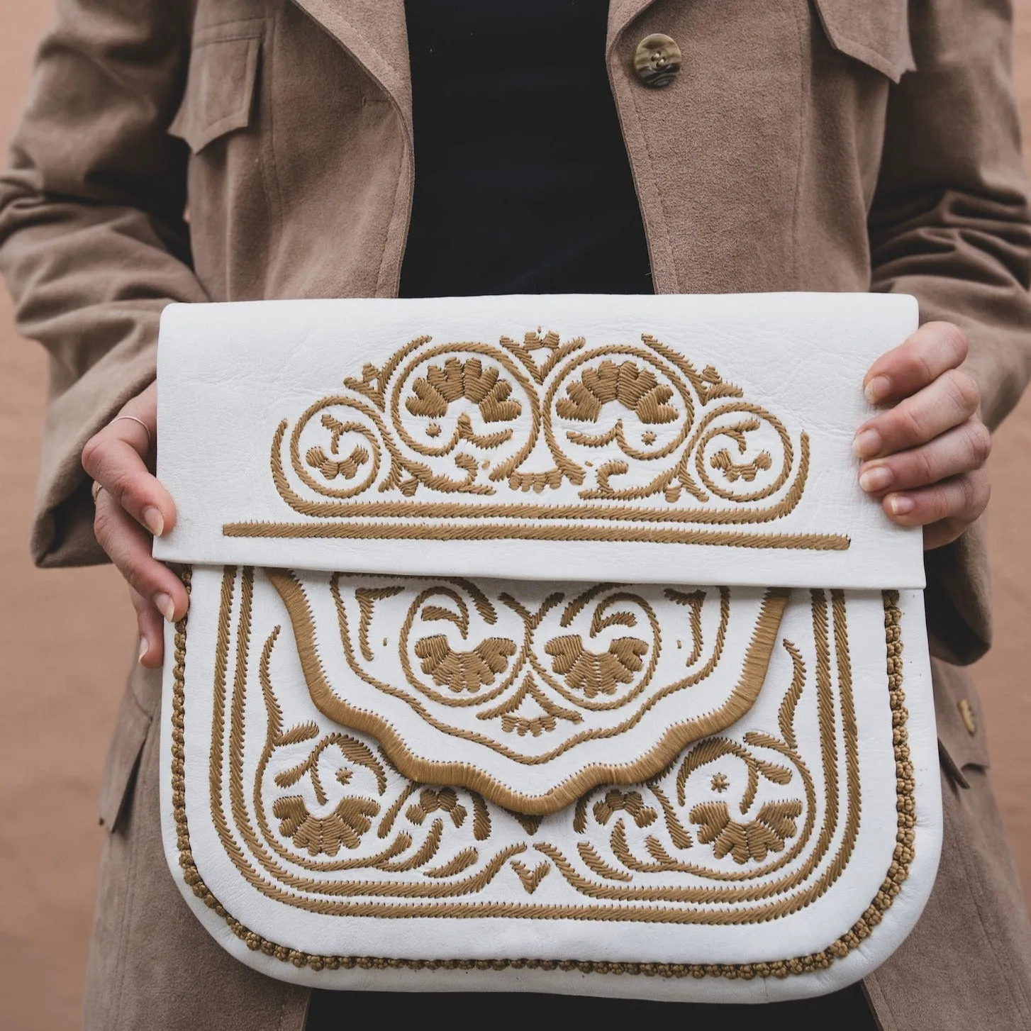 White Embroidered Leather Bag