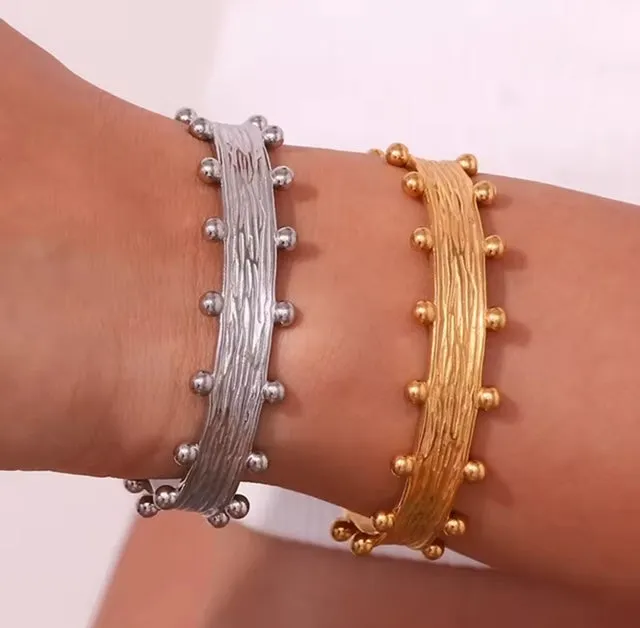 Wood Grain Textured Wide Stainless Steel Small Bead Cuff Bangle, Earrings & Matching Ring