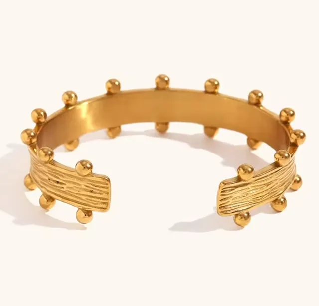 Wood Grain Textured Wide Stainless Steel Small Bead Cuff Bangle, Earrings & Matching Ring