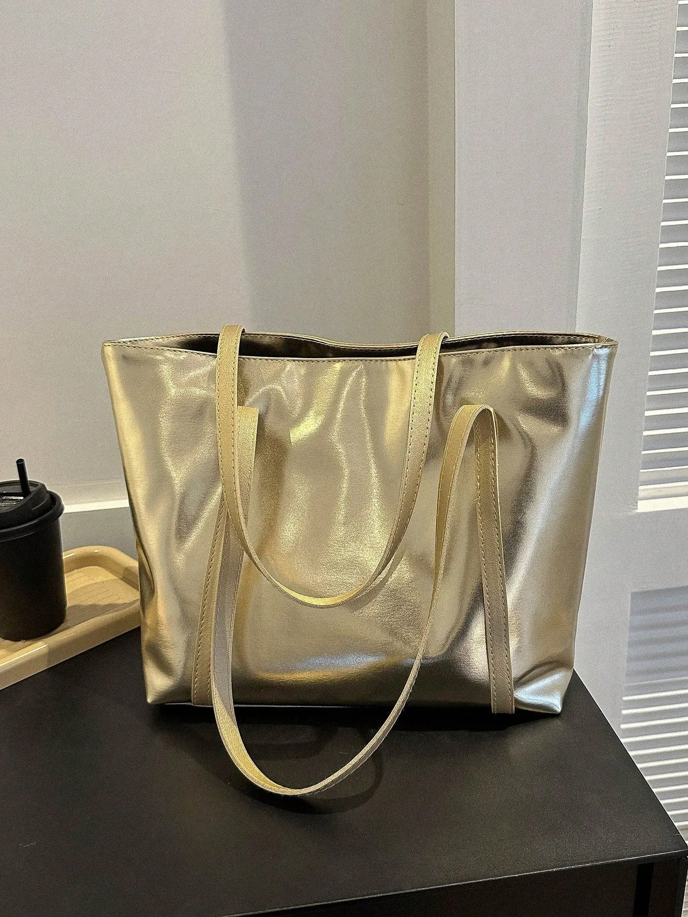 Zipper Shoulder Tote Bag Double Handle Metallic PU Funky FD
