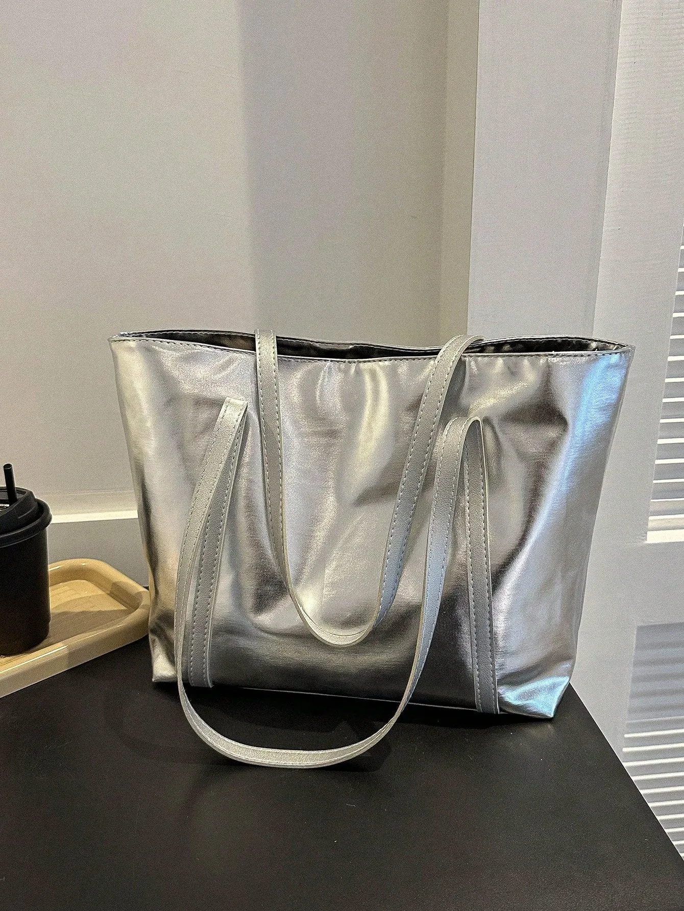 Zipper Shoulder Tote Bag Double Handle Metallic PU Funky FD
