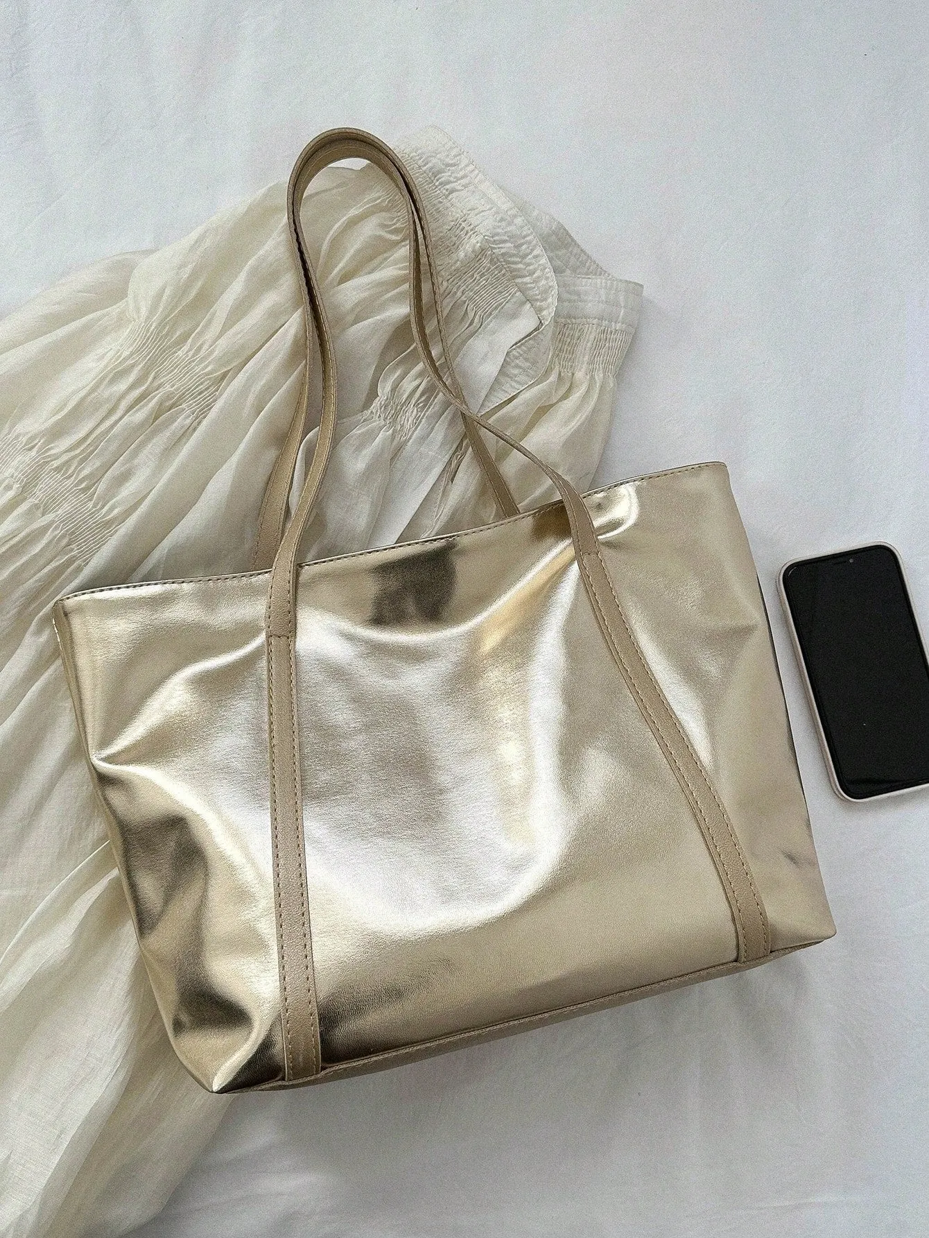 Zipper Shoulder Tote Bag Double Handle Metallic PU Funky FD