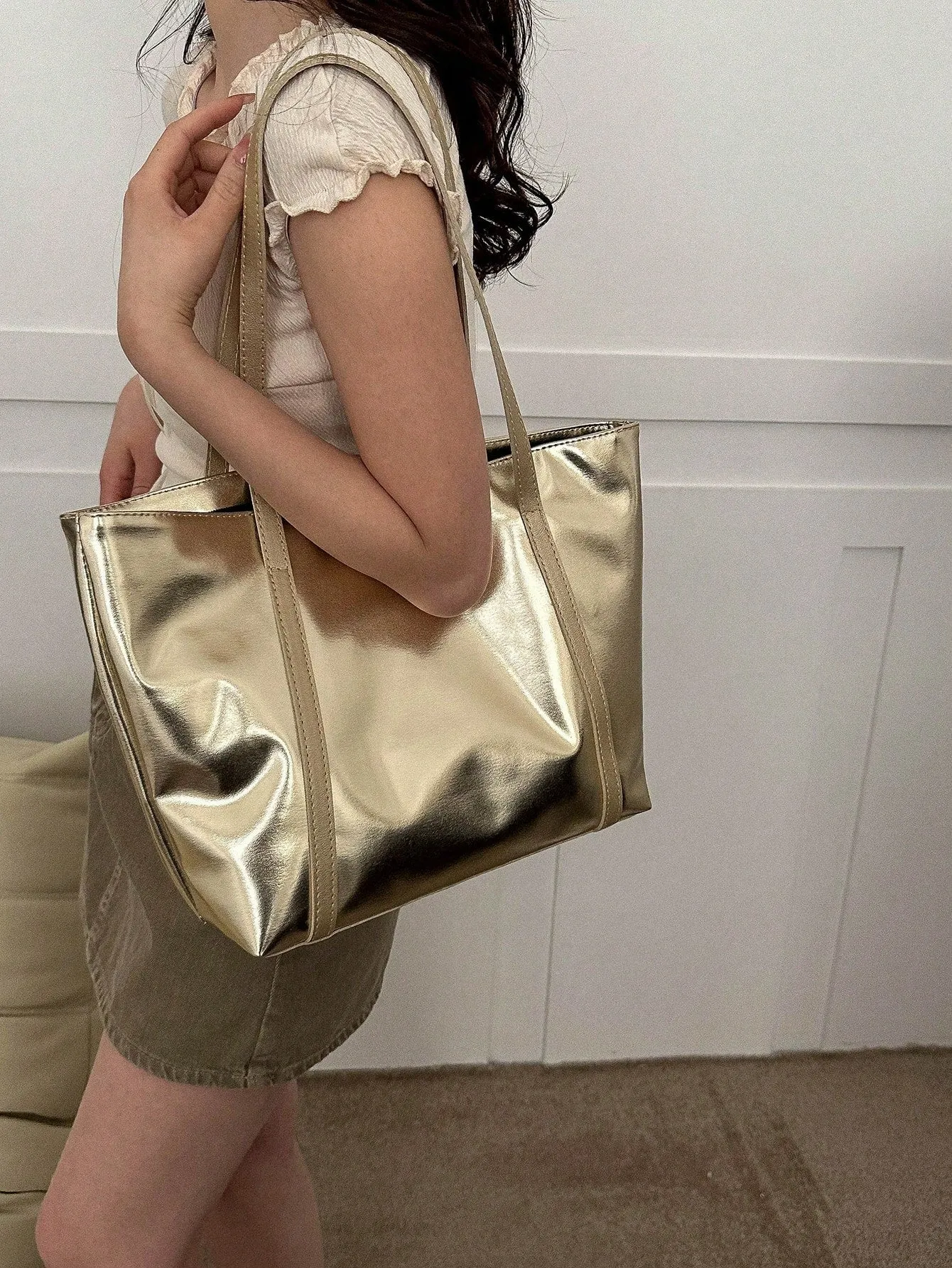 Zipper Shoulder Tote Bag Double Handle Metallic PU Funky FD